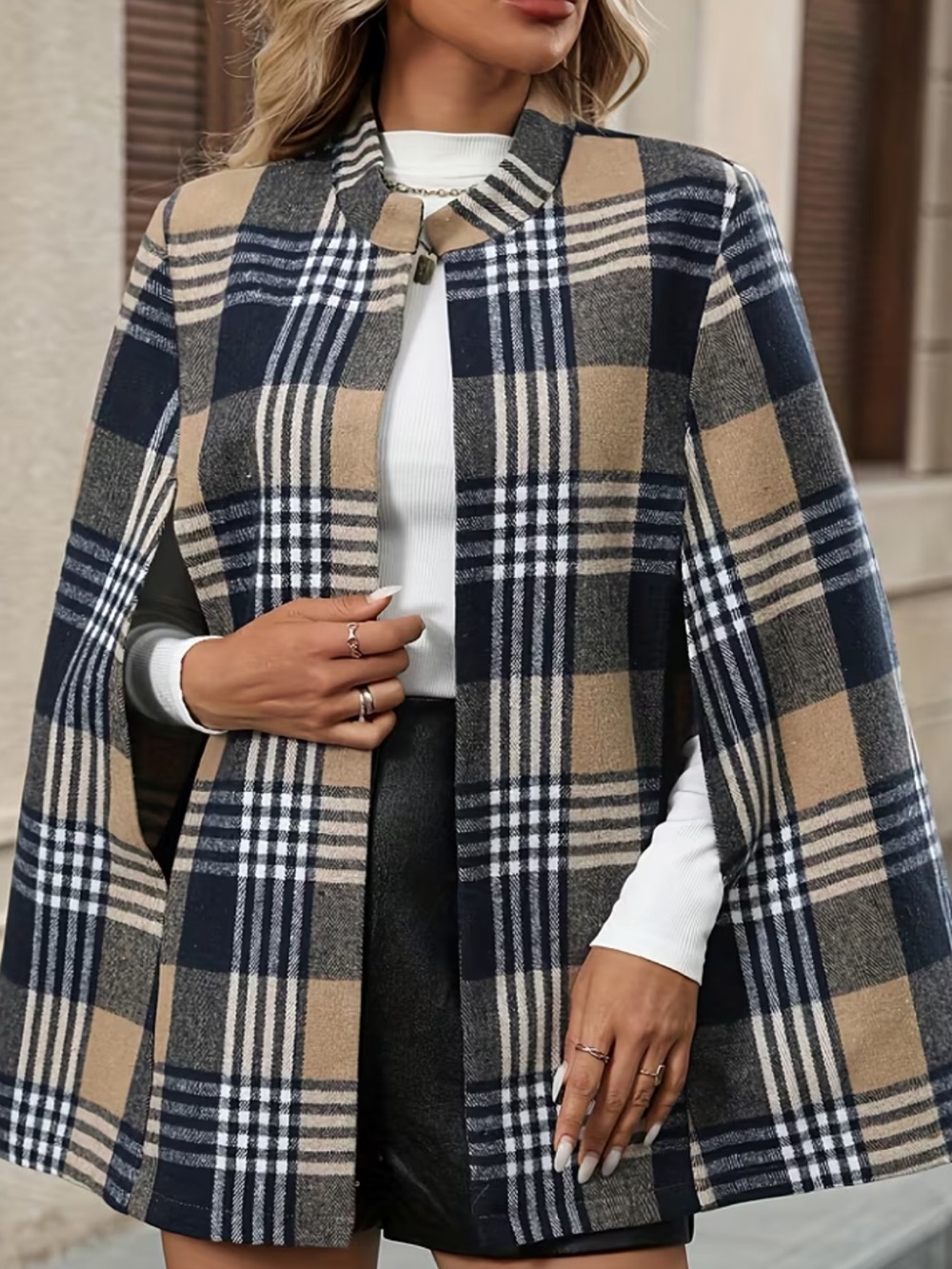 Women'S Elegant Plaid Hooded Cloak Coat, Fall Winter Style